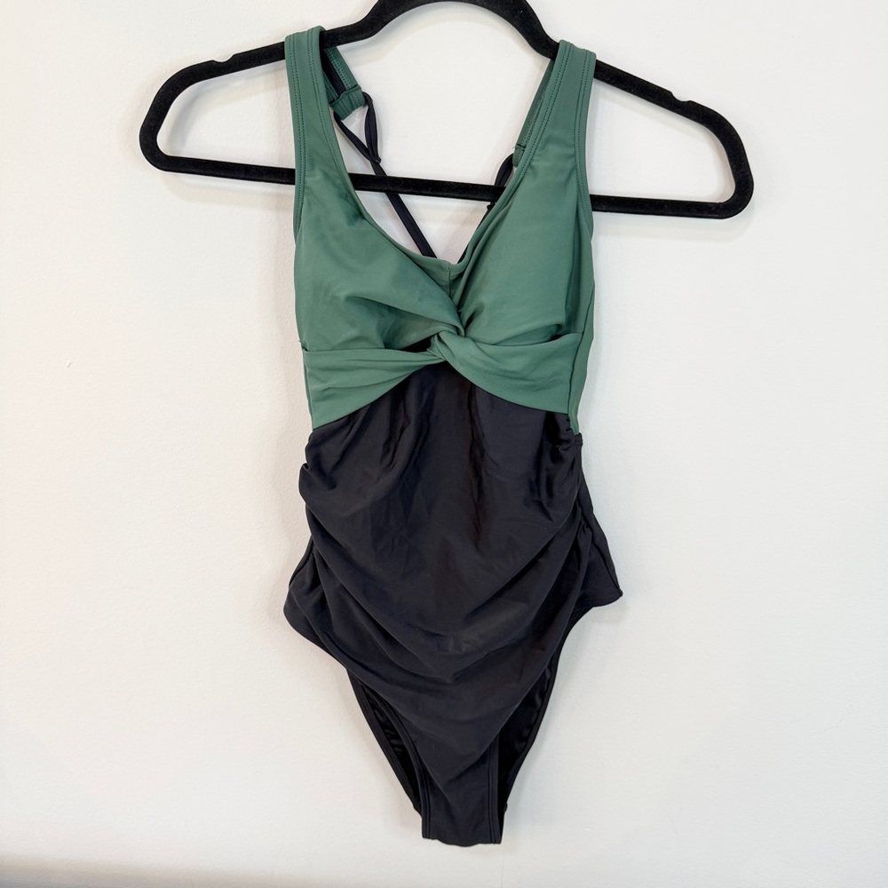 Cupshe NWT Scoop Neck Twist Front Crisscross Back Ruched Swimsuit Green Black XS